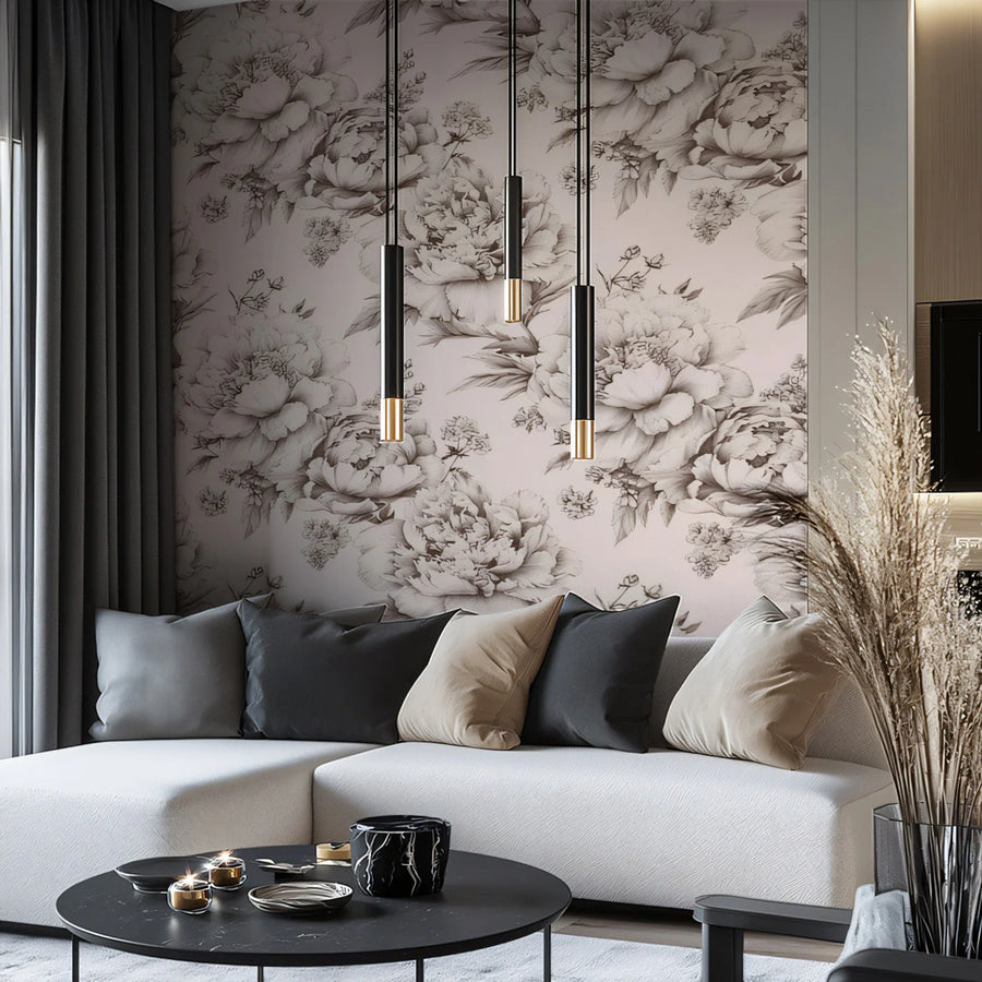 Vintage Peony Sketch Mural Wallpaper — Soft Blush and Charcoal Mural Wallpaper