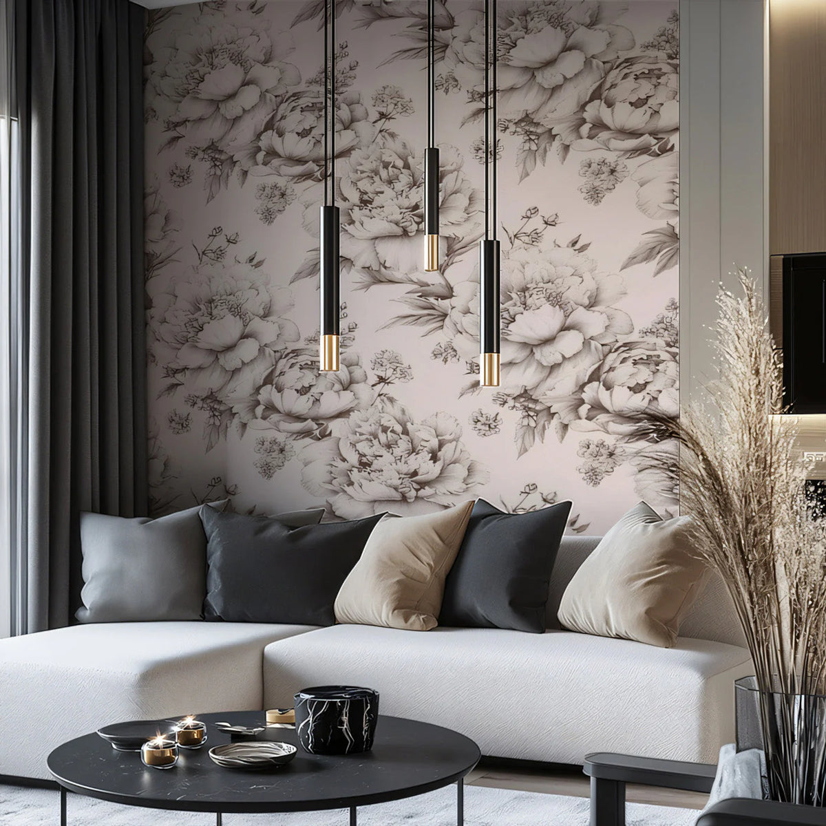 Vintage Peony Sketch Mural Wallpaper — Soft Blush and Charcoal Mural Wallpaper - pure wallpaper artwork
