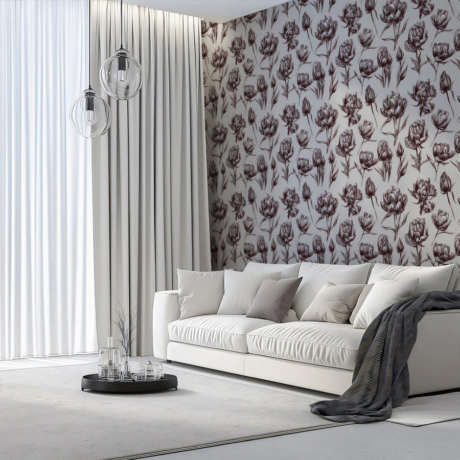 Vintage Botanical Sketch Mural Wallpaper —Monochrome Floral Mural Wallpaper