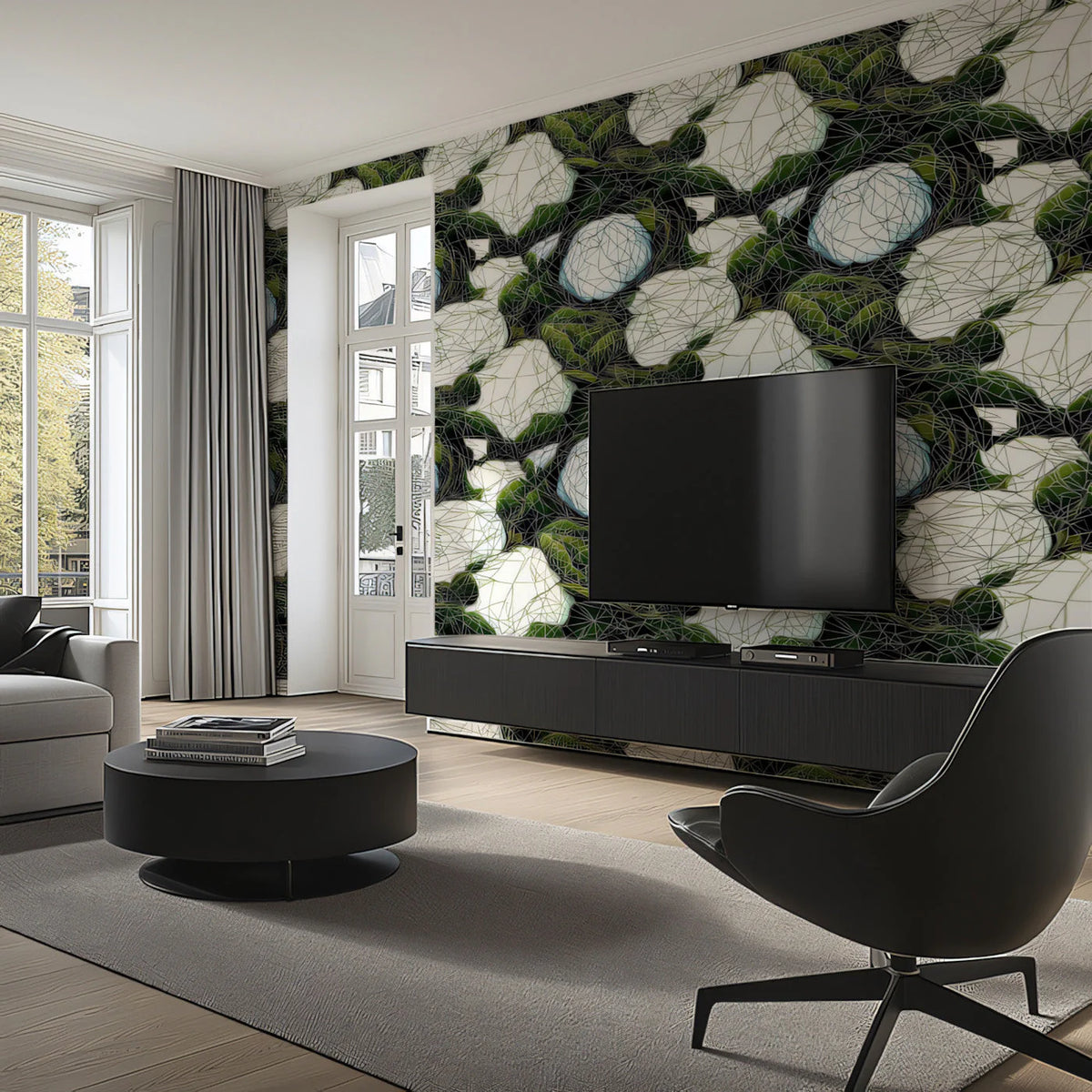 Abstract Geometric Floral Mural Wallpaper — Modern Monochrome Green Mural Wallpaper - pure wallpaper artwork