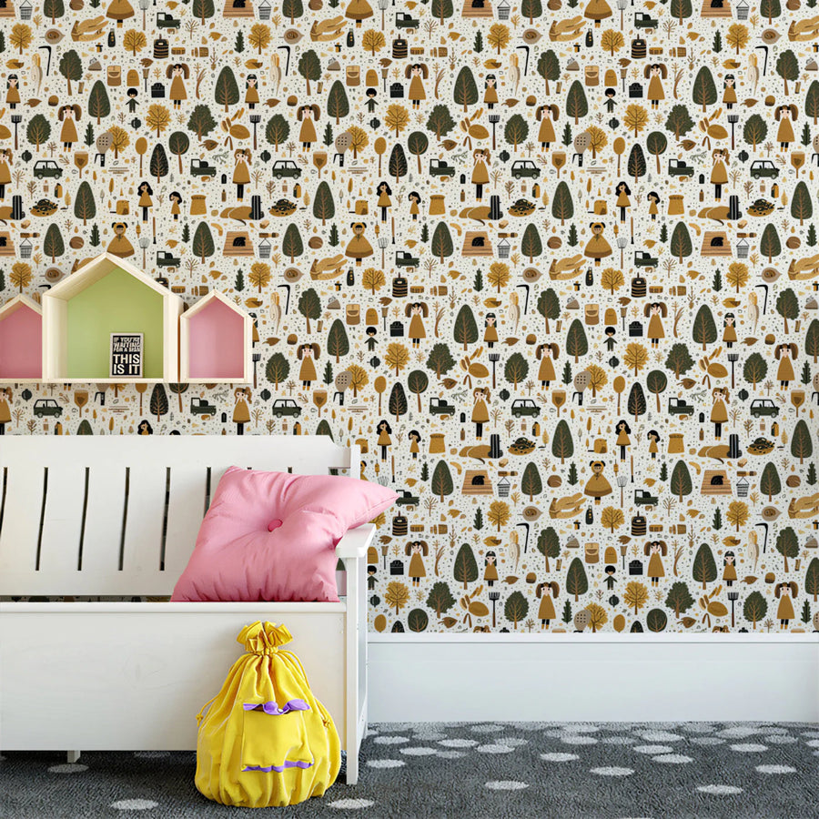 Storybook Village Mural Wallpaper —Whimsical Hand-Drawn Motif Mural Wallpaper
