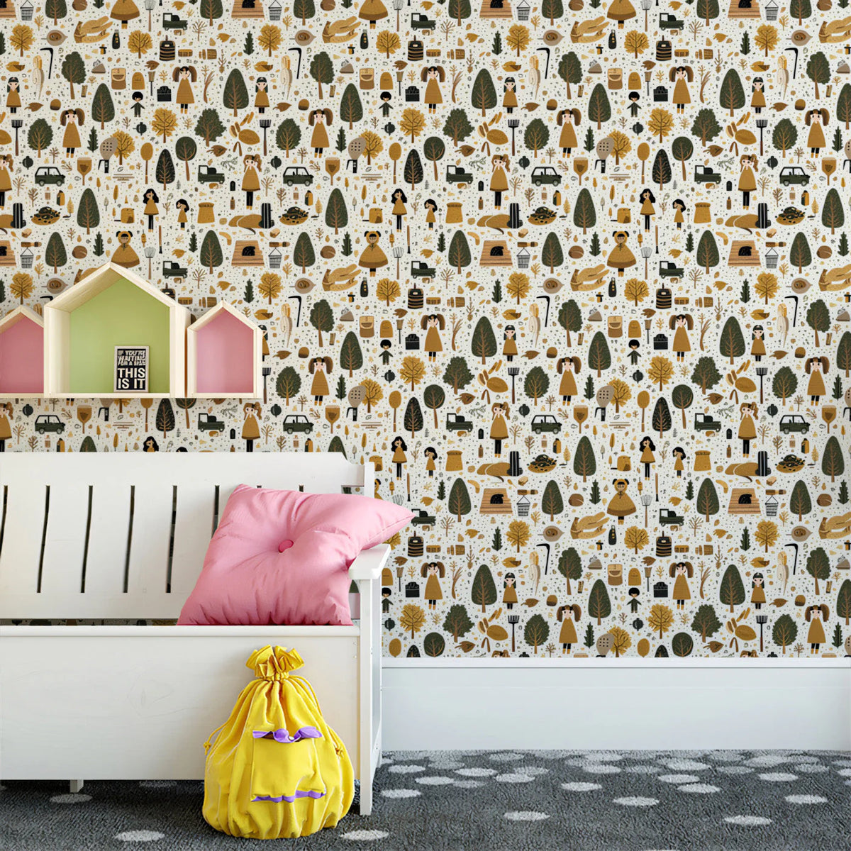 Storybook Village Mural Wallpaper —Whimsical Hand-Drawn Motif Mural Wallpaper - pure wallpaper artwork