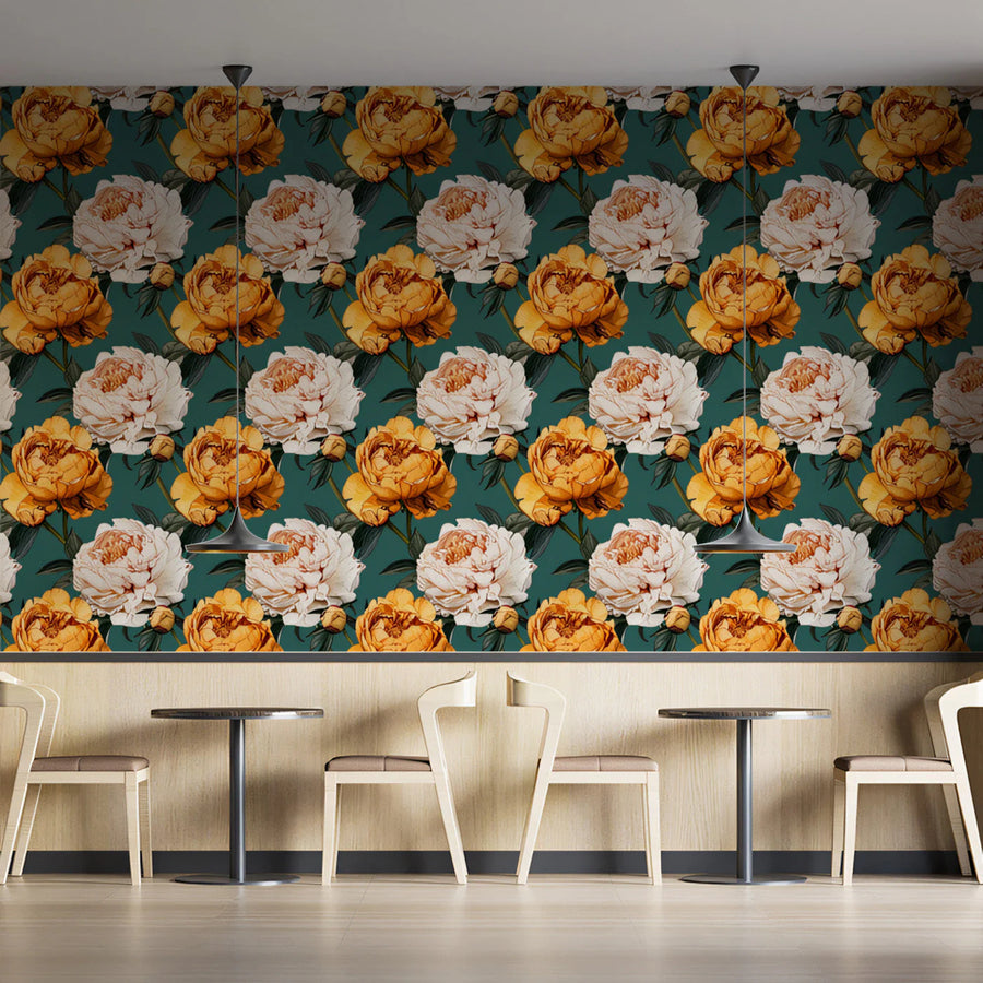 Large Scale Peony Mural Wallpaper in Ochre and Cream Mural Wallpaper