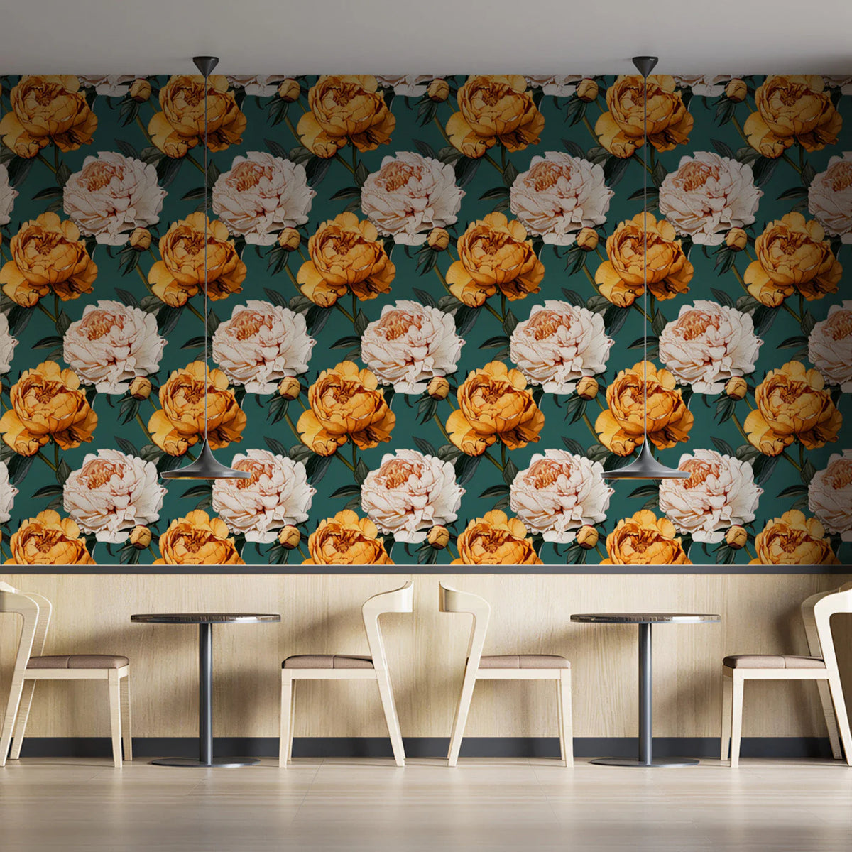 Large Scale Peony Mural Wallpaper in Ochre and Cream Mural Wallpaper - pure wallpaper artwork