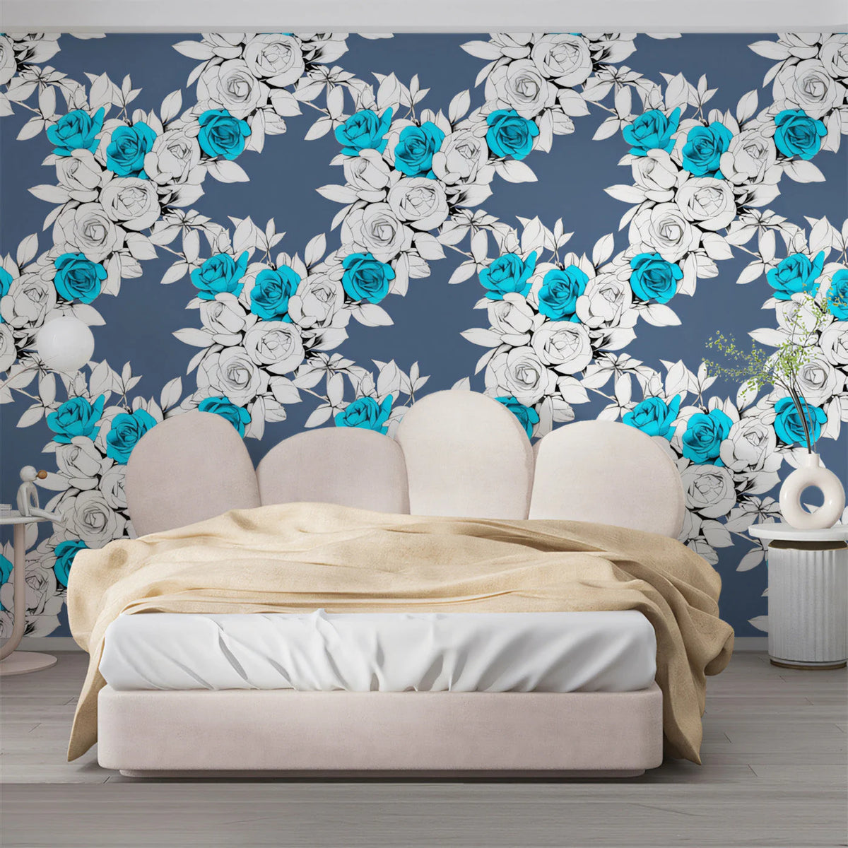 Cyan and Slate Rose Trellis Mural Wallpaper — Graphic Floral Mural Wallpaper - pure wallpaper artwork