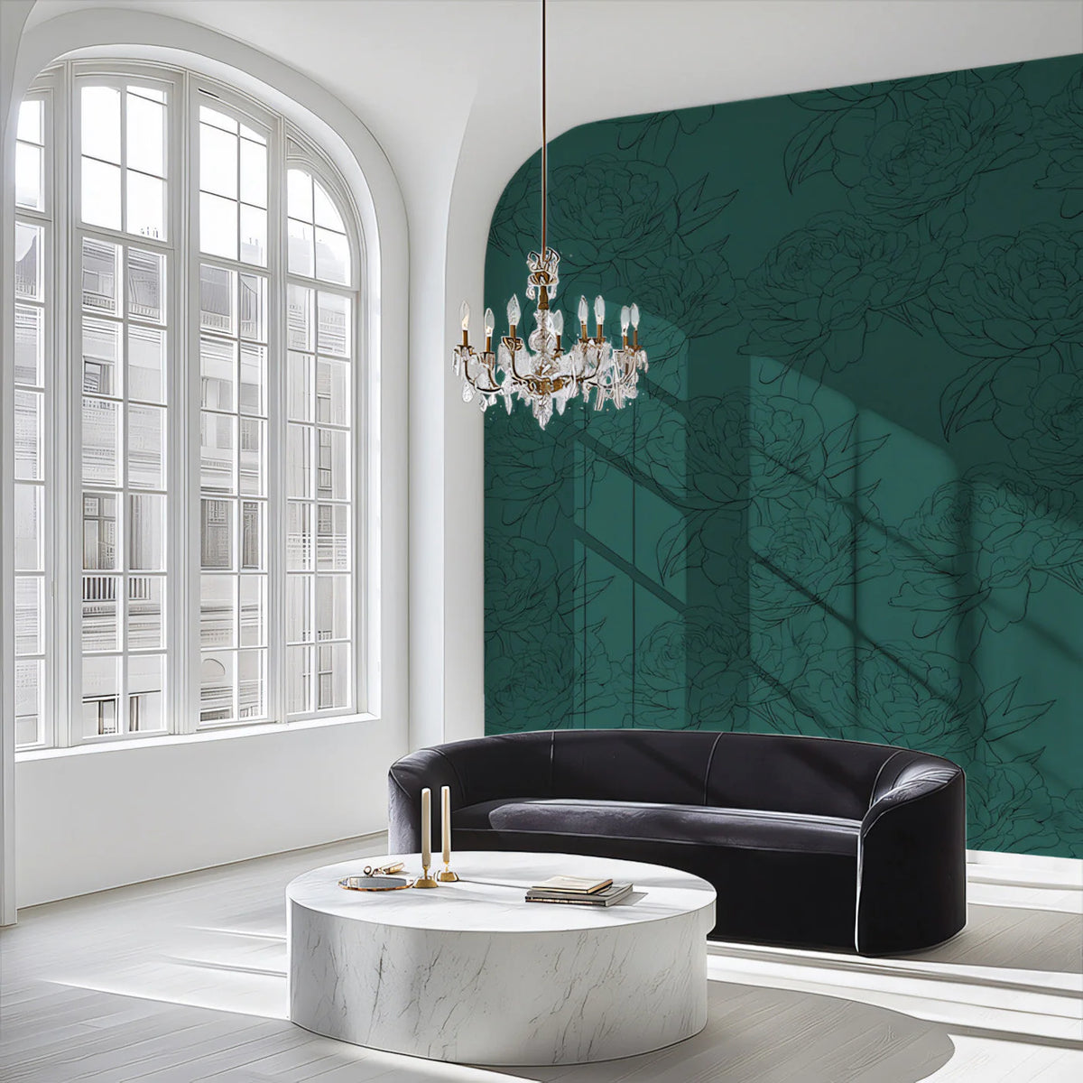 Deep Forest Peony Line Art Mural Wallpaper — Botanical Style Mural Wallpaper - pure wallpaper artwork