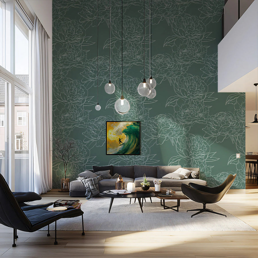 Minimalist Peony Sketch Mural Wallpaper — Deep Sage Green Mural Wallpaper