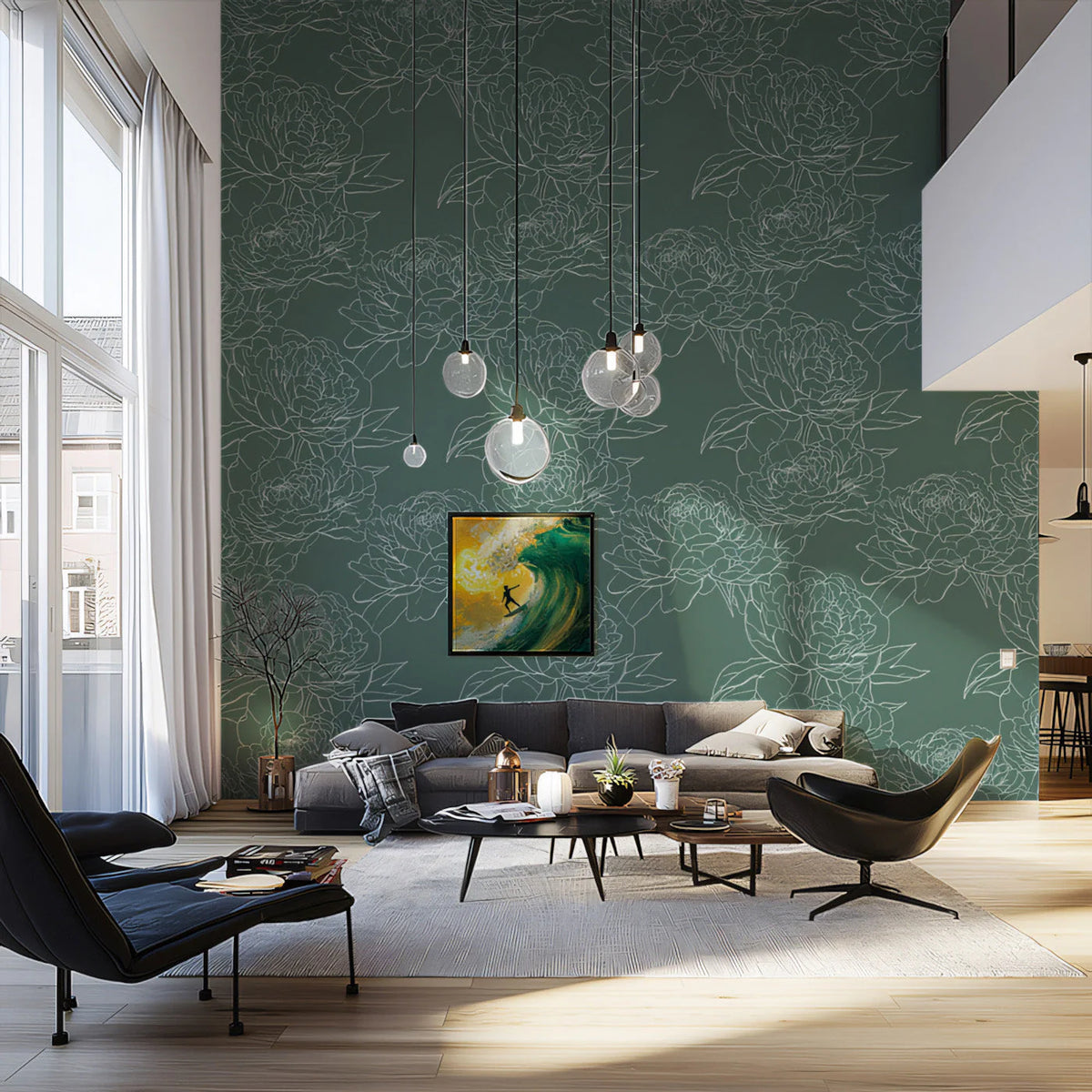 Minimalist Peony Sketch Mural Wallpaper — Deep Sage Green Mural Wallpaper - pure wallpaper artwork