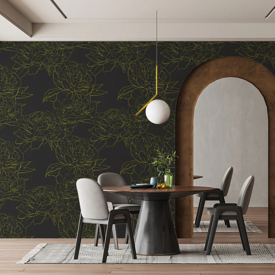 Graphic Peony Line Art Mural Wallpaper — Charcoal and Ochre Mural Wallpaper