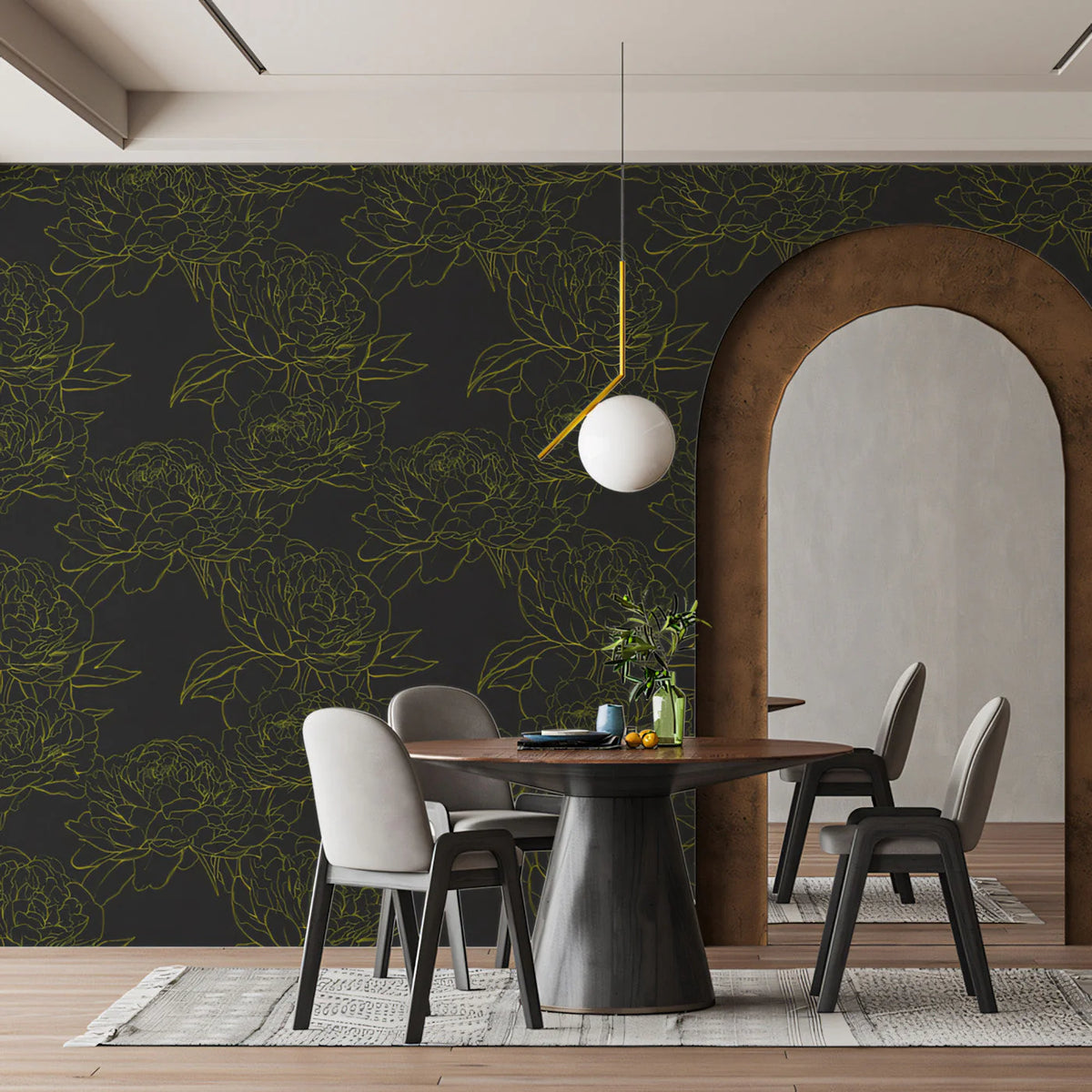 Graphic Peony Line Art Mural Wallpaper — Charcoal and Ochre Mural Wallpaper - pure wallpaper artwork