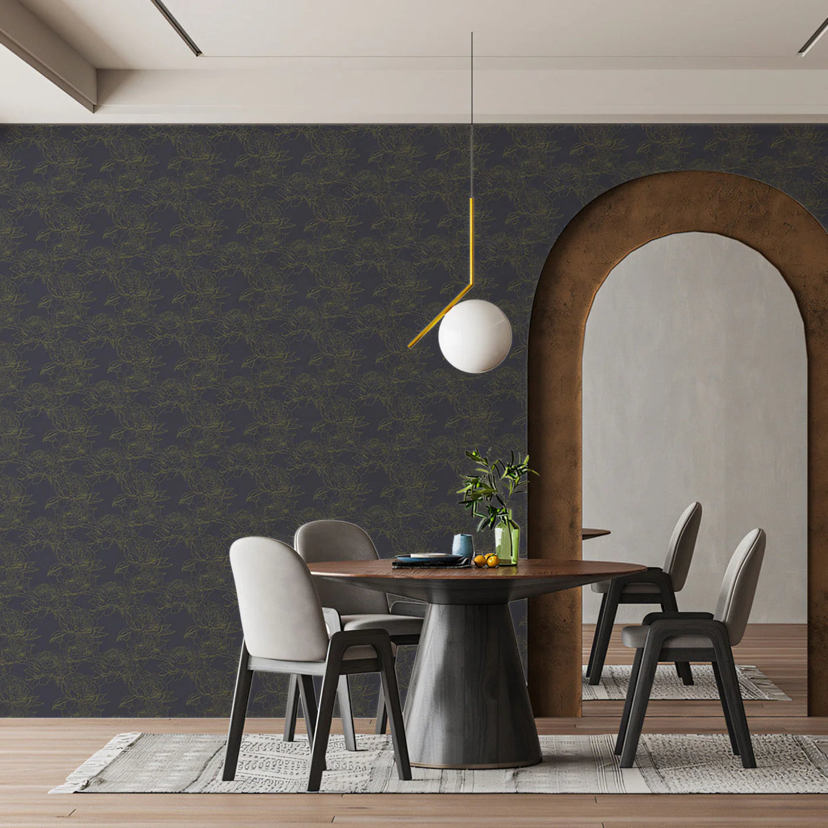 Minimalist Peony Outline Mural Wallpaper — Charcoal and Ochre Mural Wallpaper - pure wallpaper artwork