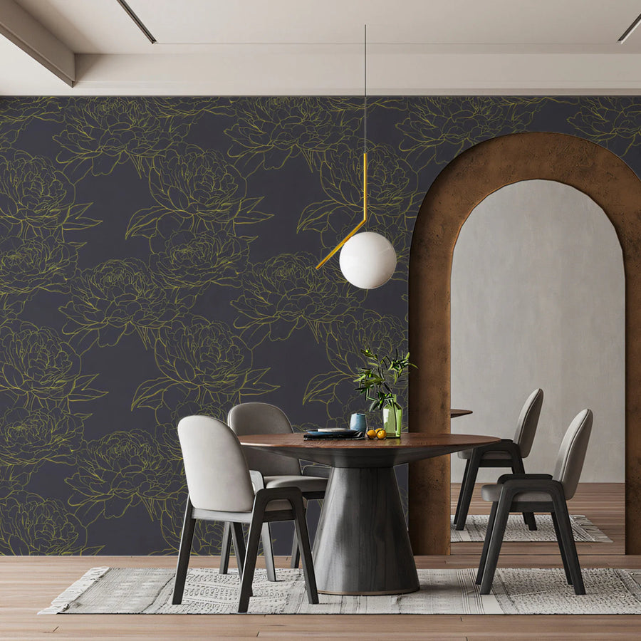 Minimalist Peony Line Art Mural Wallpaper —Dark Charcoal & Gold Mural Wallpaper