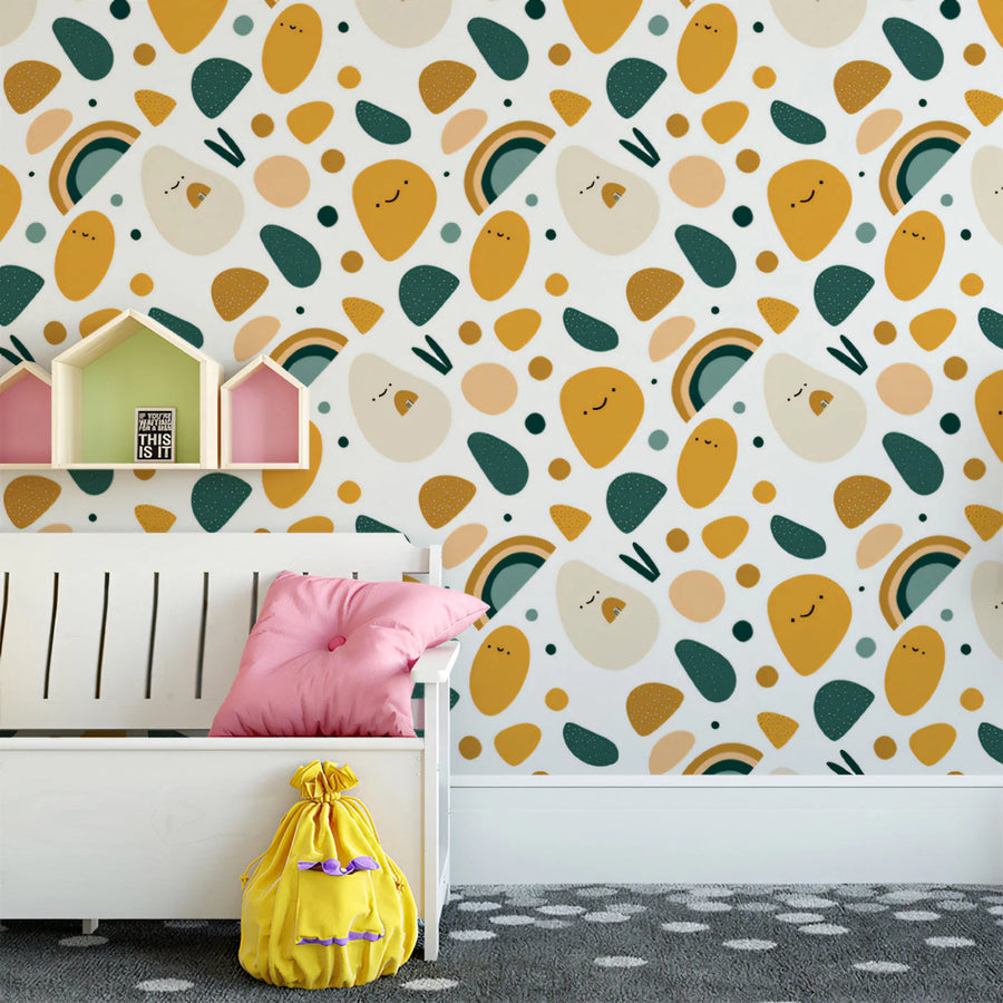 Whimsical Character Geometric Mural Wallpaper — Playful Pattern Mural Wallpaper
