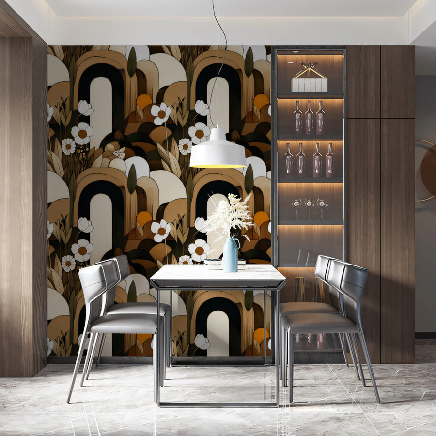 Art Deco Arch and Floral Mural Wallpaper — Mid-Century Modern Mural Wallpaper