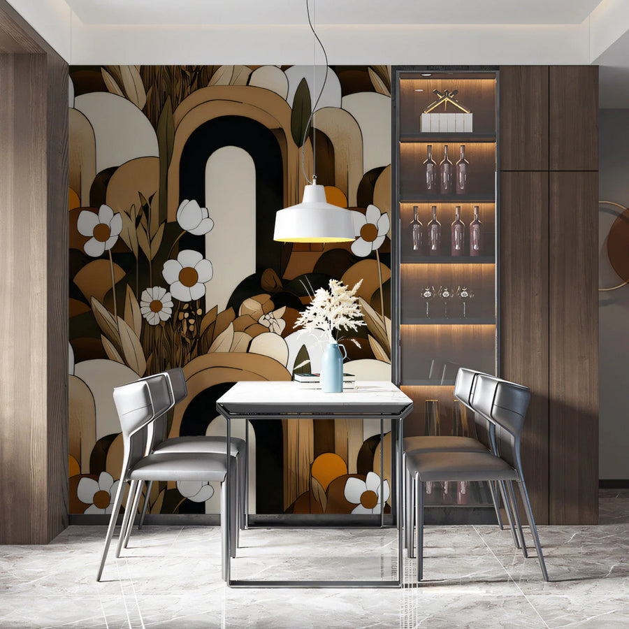 Arch and Floral Art Deco Mural Wallpaper — Earthy Geometric Design Mural Wallpaper