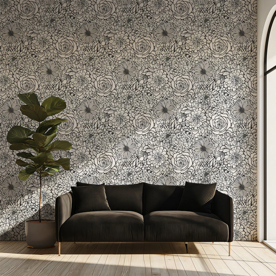 Intricate Monochrome Floral Mural Wallpaper —Hand-Drawn Sketch Mural Wallpaper
