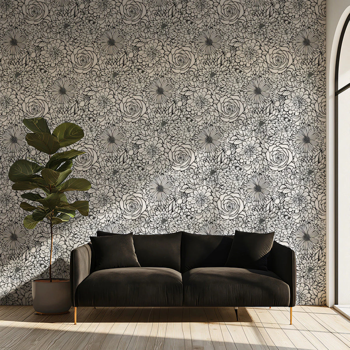 Intricate Monochrome Floral Mural Wallpaper —Hand-Drawn Sketch Mural Wallpaper - pure wallpaper artwork