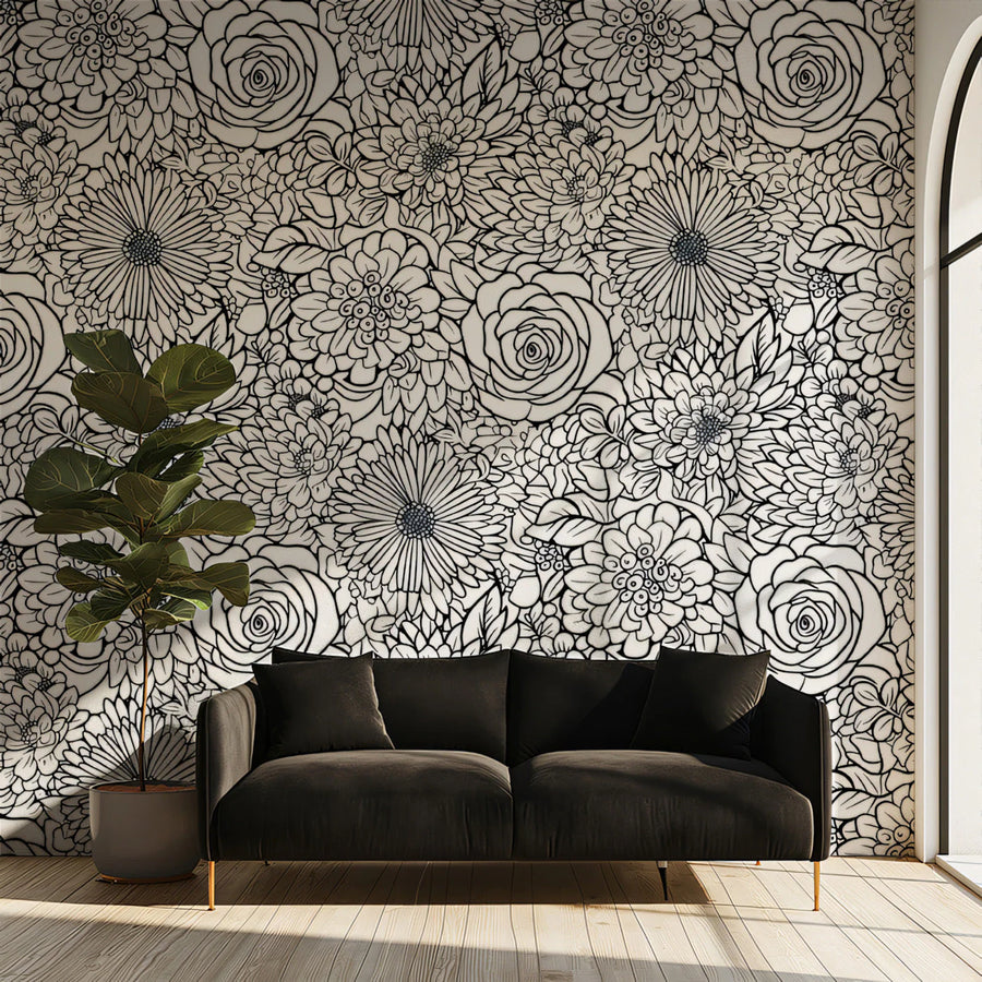 Monochrome Floral Line Art Mural Wallpaper — Modern Botanical Mural Wallpaper