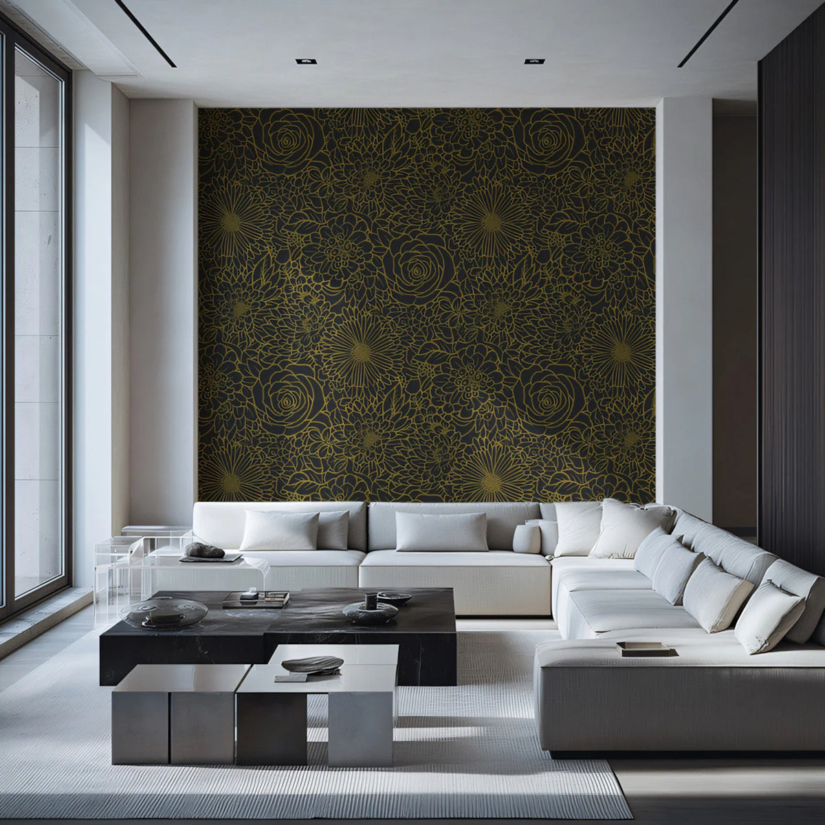 Gilded Floral Line Art Mural Wallpaper — Dark Botanical Design Mural Wallpaper - pure wallpaper artwork