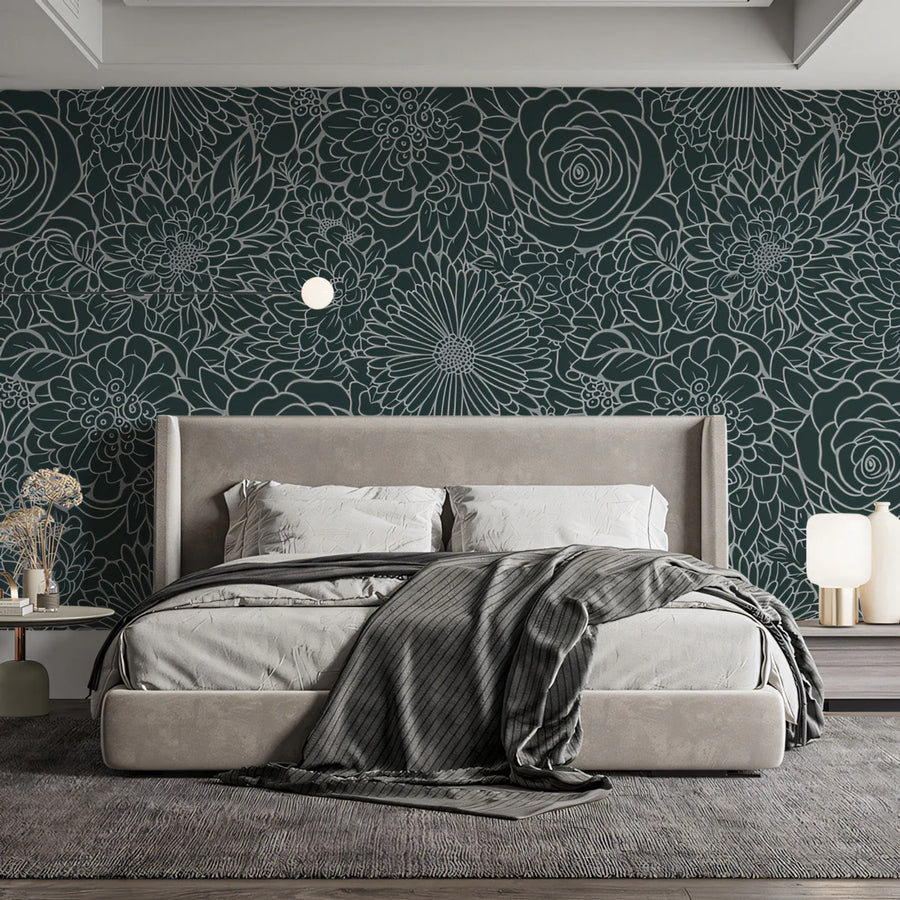 Midnight Floral Line Art Mural Wallpaper — Moody Botanical Style Mural Wallpaper