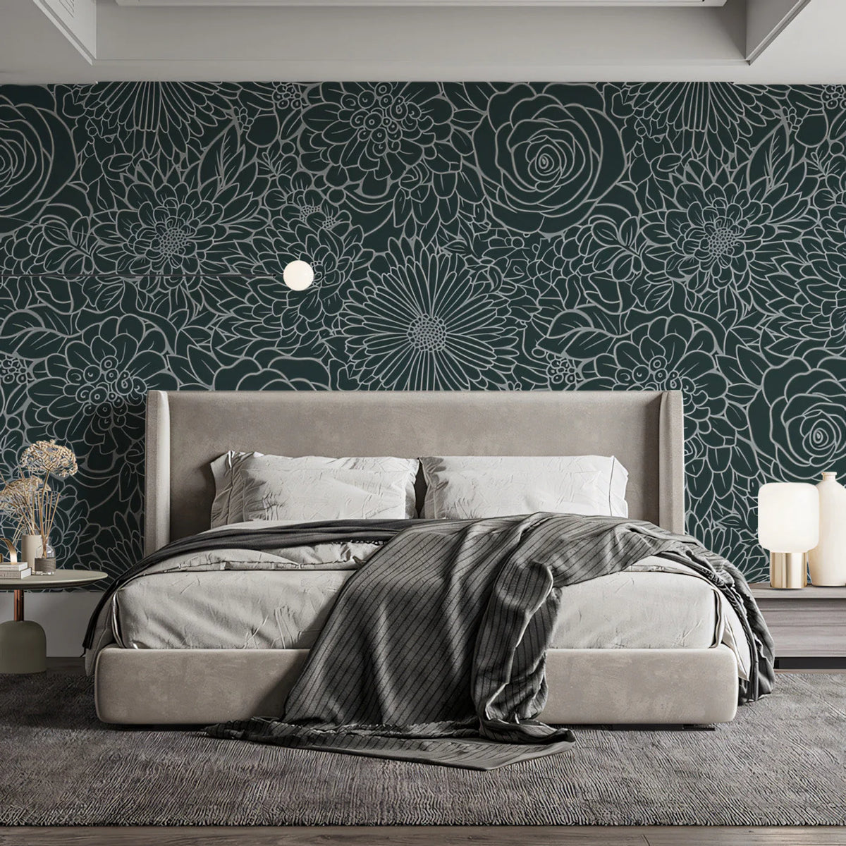Midnight Floral Line Art Mural Wallpaper — Moody Botanical Style Mural Wallpaper - pure wallpaper artwork