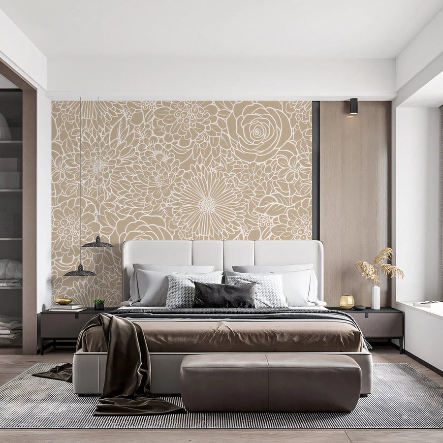 Minimalist Beige Floral Mural Wallpaper — Line Art Design Mural Wallpaper