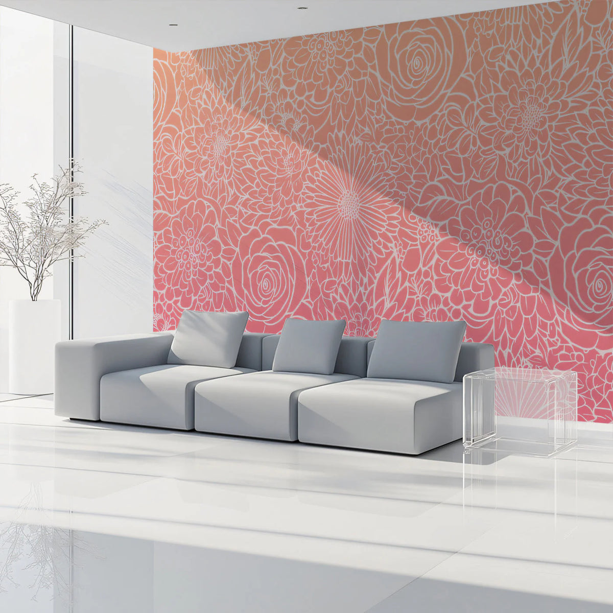 Ombre Floral Mural Wallpaper — Modern Pink Botanical Pattern Mural Wallpaper - pure wallpaper artwork