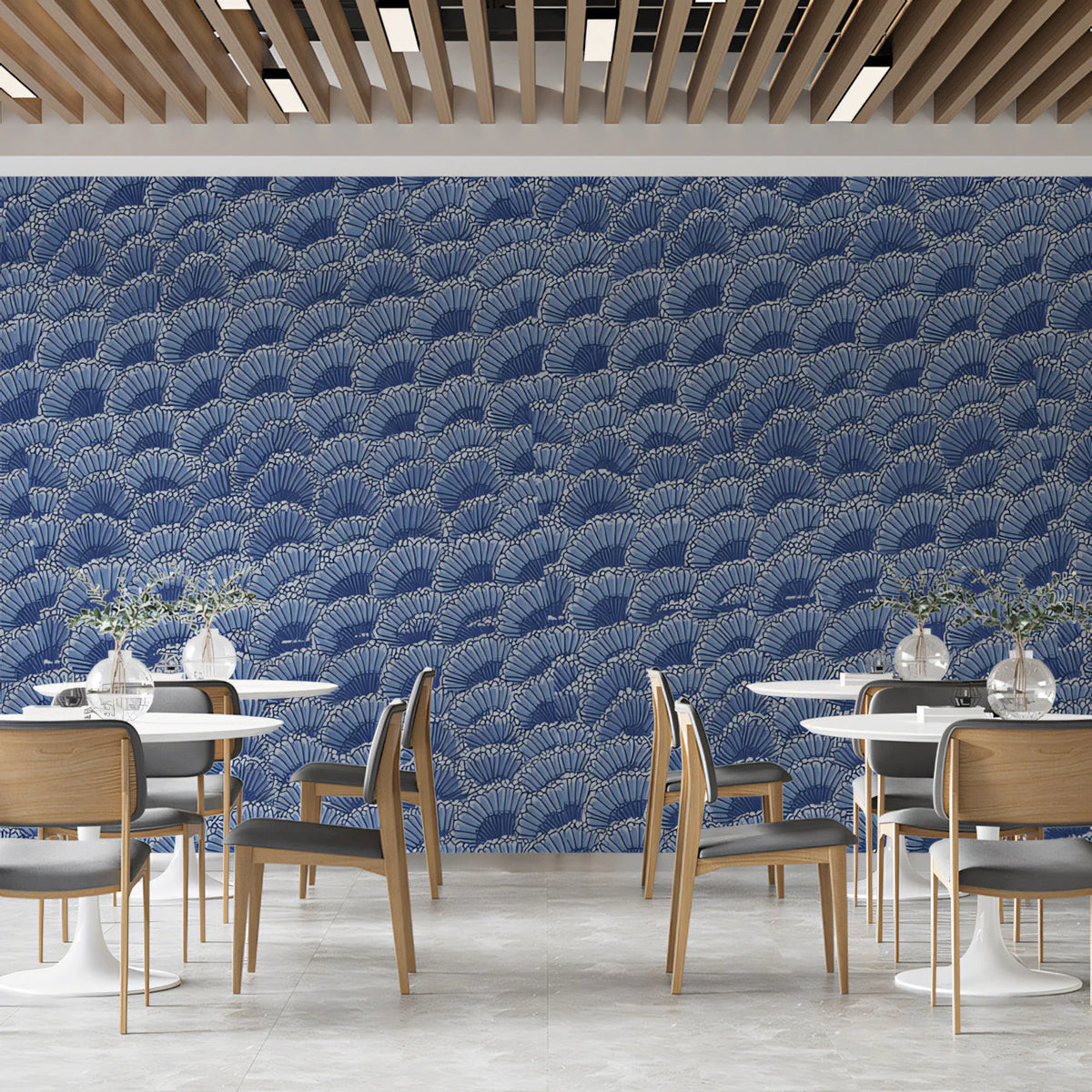 Indigo Fan Scale Mural Wallpaper — Modern Geometric Coastal Style Mural Wallpaper - pure wallpaper artwork