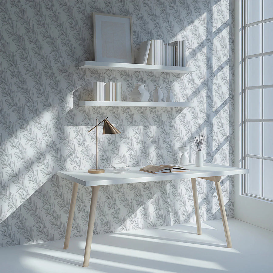 Minimalist Silver Foliage Mural Wallpaper — Modern Sketch Design Mural Wallpaper