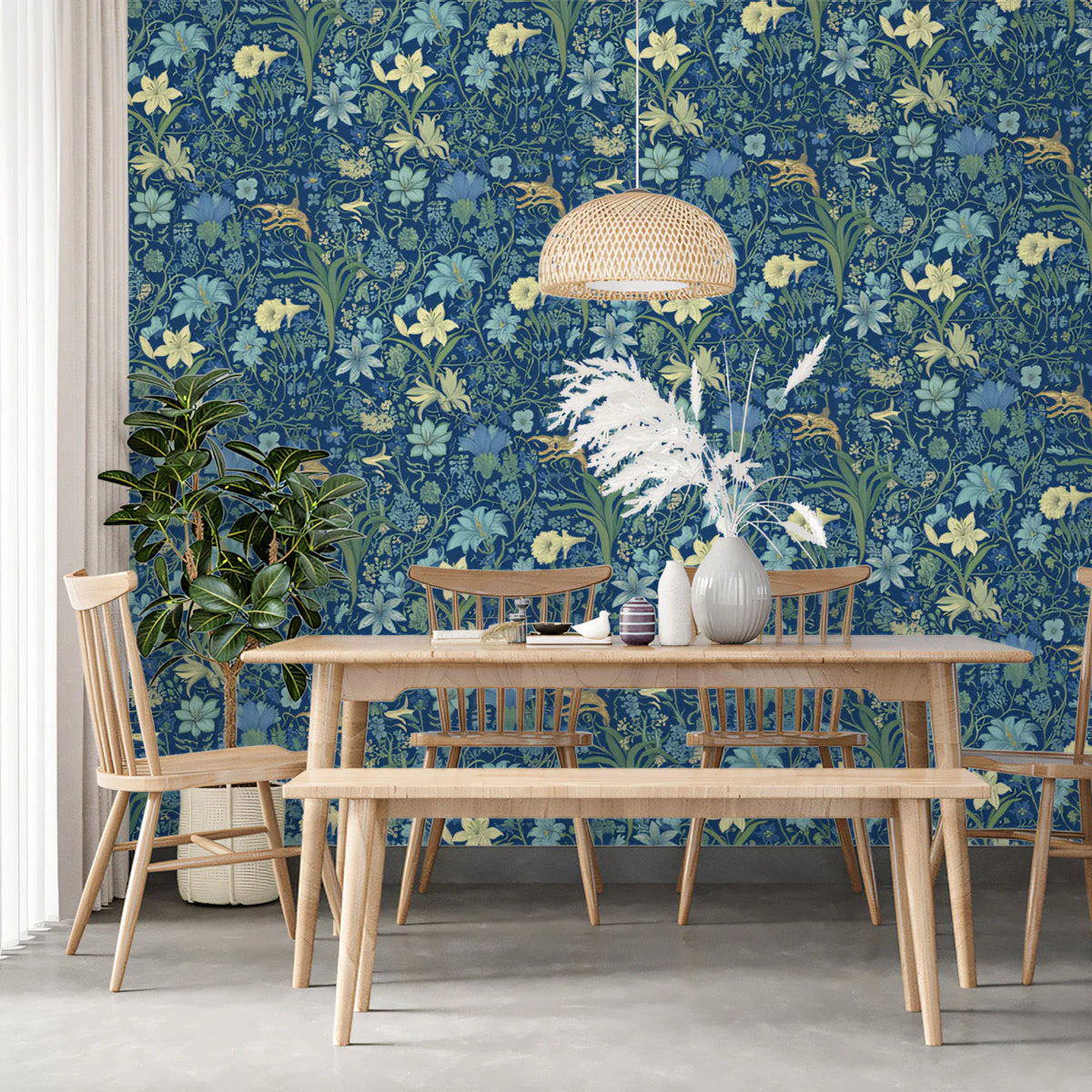 Midnight Botanical Meadow Mural Wallpaper — Artistic Floral Design Mural Wallpaper - pure wallpaper artwork