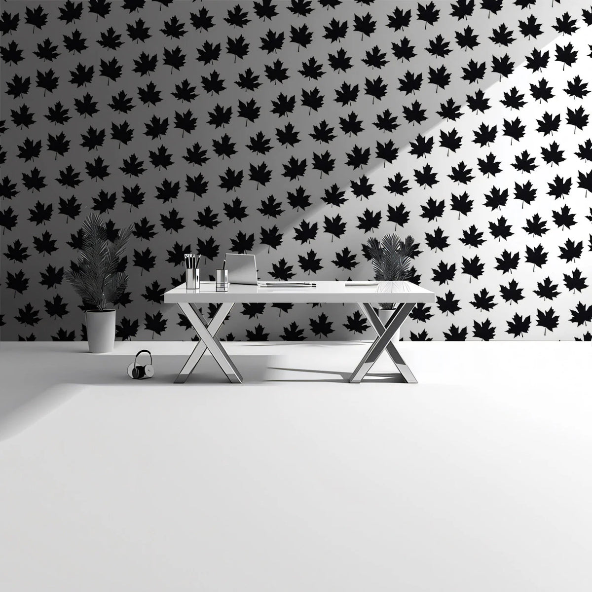Black Maple Leaf Graphic Mural Wallpaper — Modern Minimalist Style Mural Wallpaper - pure wallpaper artwork