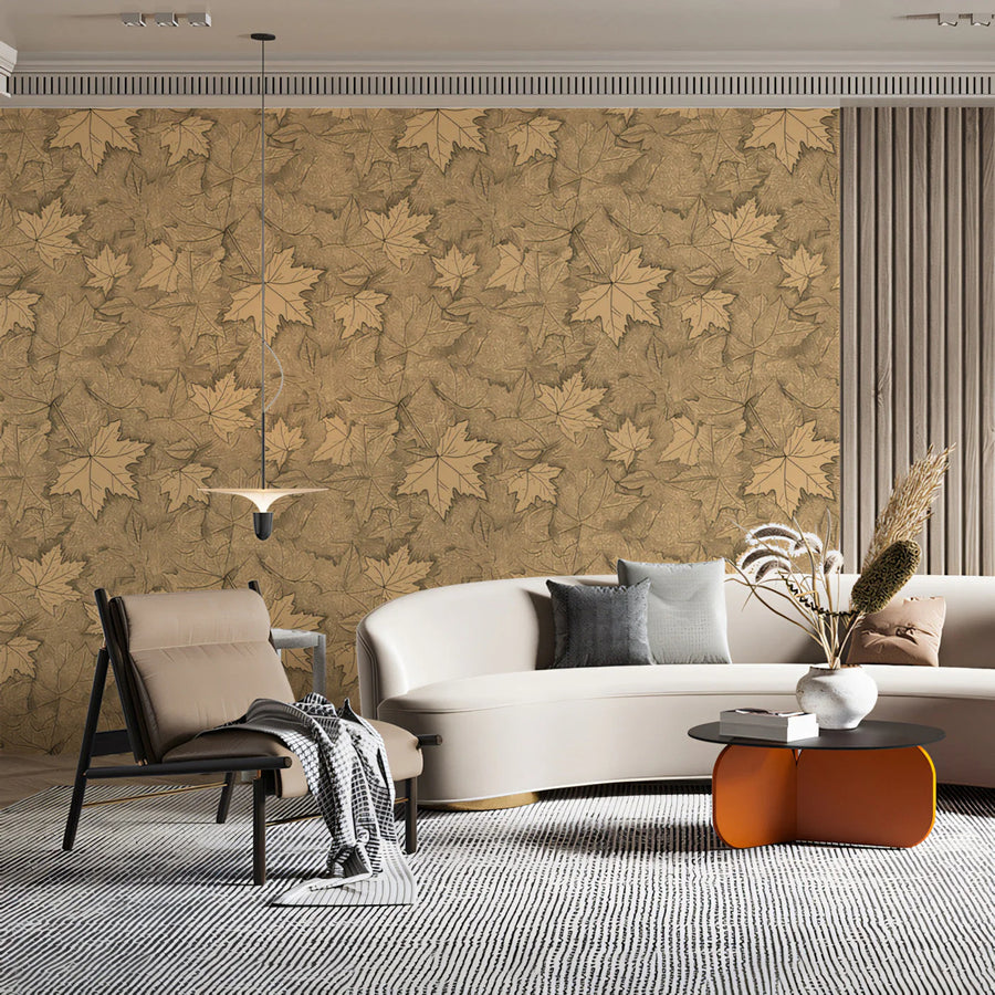 Autumn Maple Leaf Mural Wallpaper — Line Art Botanical Mural Wallpaper