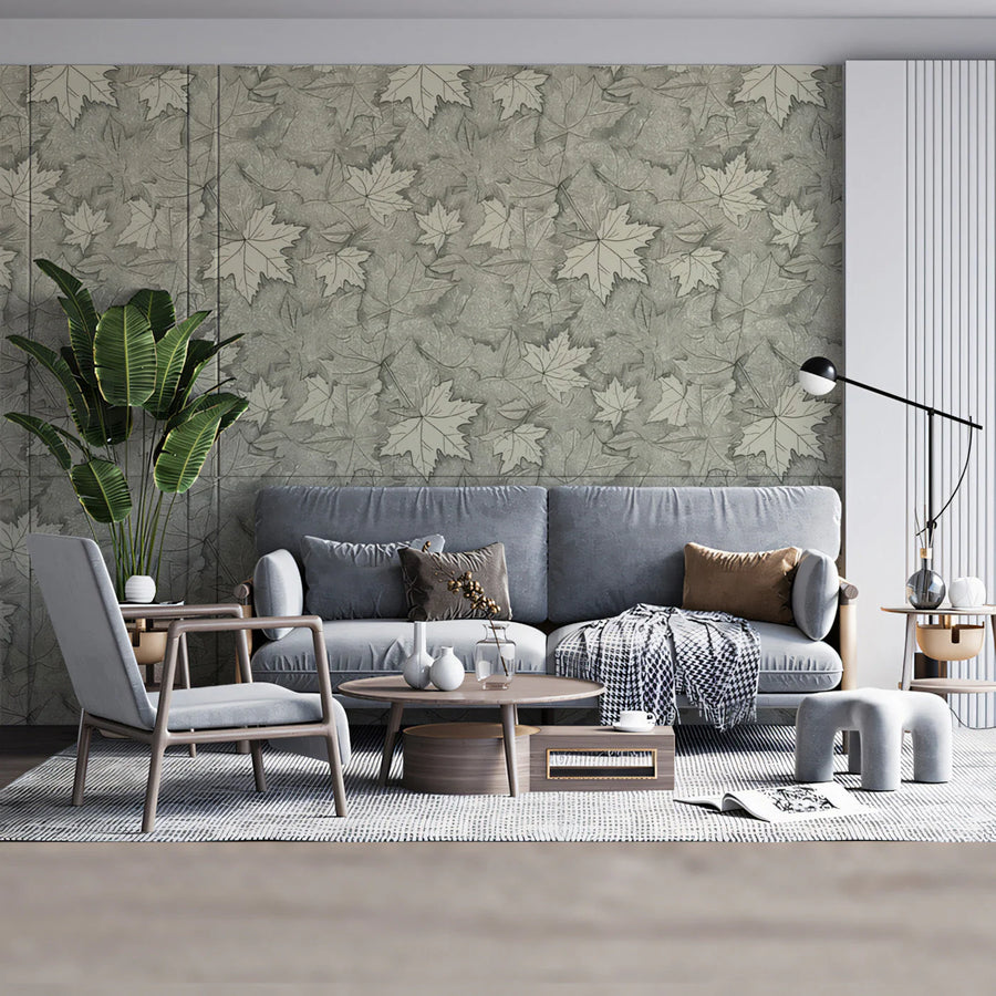 Layered Maple Leaf Mural Wallpaper — Neutral Sketch Botanical Mural Wallpaper