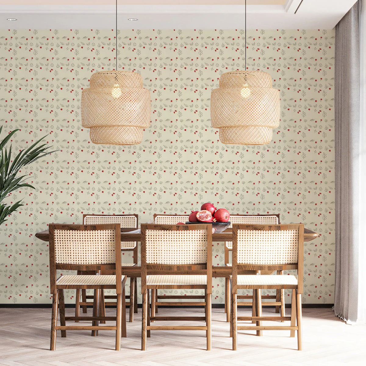 Rustic Botanical Berry Mural Wallpaper — Dotted Cream and Red Mural Wallpaper - pure wallpaper artwork