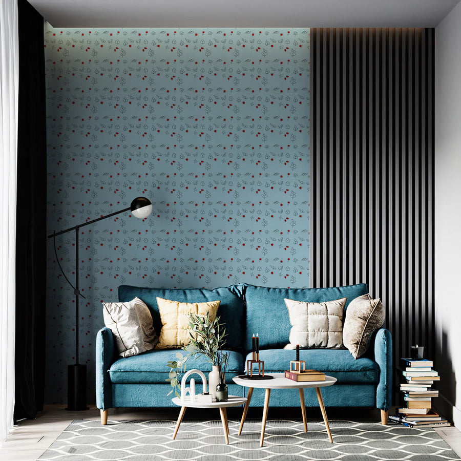 Dainty Red Berry and Leaf Mural Wallpaper — Whimsical Design Mural Wallpaper