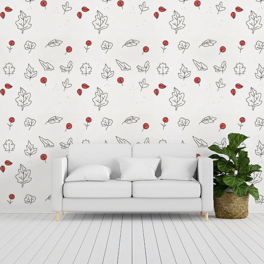 Rustic Autumn Leaves Mural Wallpaper — Minimalist Sketch Design Mural Wallpaper