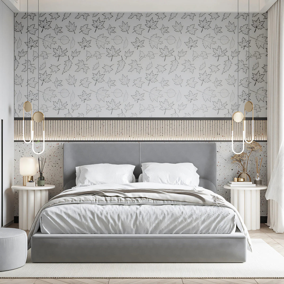Minimalist Maple Leaf Mural Wallpaper — Line Art Graphic Mural Wallpaper - pure wallpaper artwork