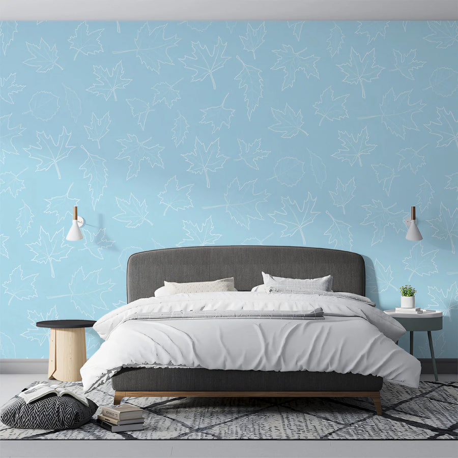 Sky Blue Maple Leaf Mural Wallpaper — Minimalist Nature Design Mural Wallpaper