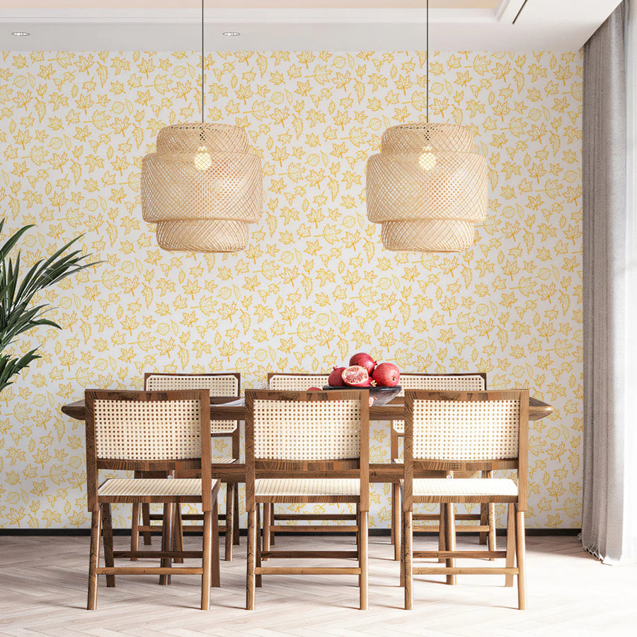 Golden Maple Leaf Sketch Mural Wallpaper — Minimalist Nature Mural Wallpaper