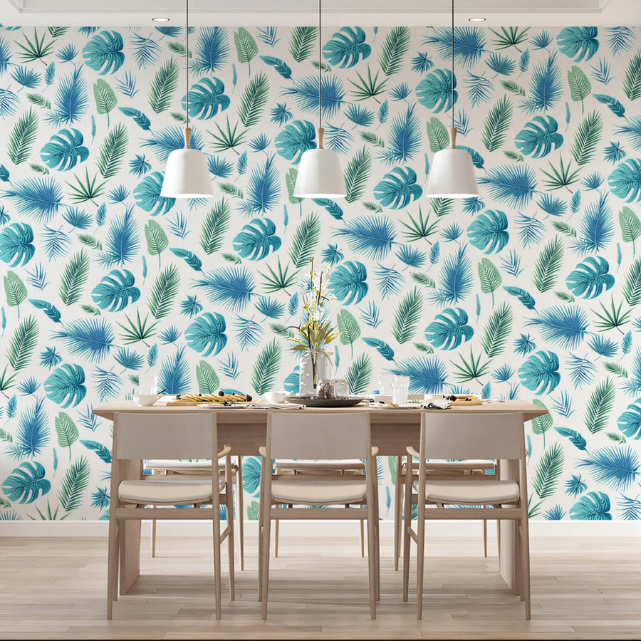 Coastal Palm Leaf Mural Wallpaper — Blue and Mint Tropical Print Mural Wallpaper