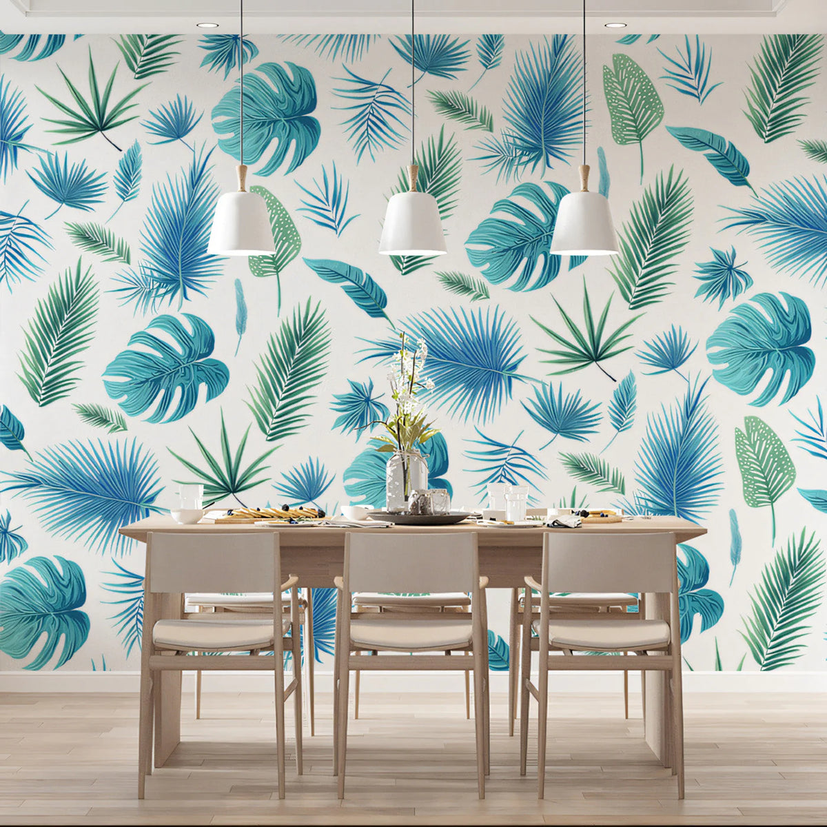 Tropical Blue and Green Leaf Mural Wallpaper —Vibrant Botanical Mural Wallpaper - pure wallpaper artwork