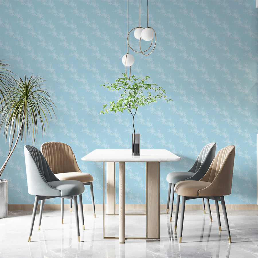 Sky Blue Delicate Botanical Mural Wallpaper — Minimalist Decor Mural Wallpaper