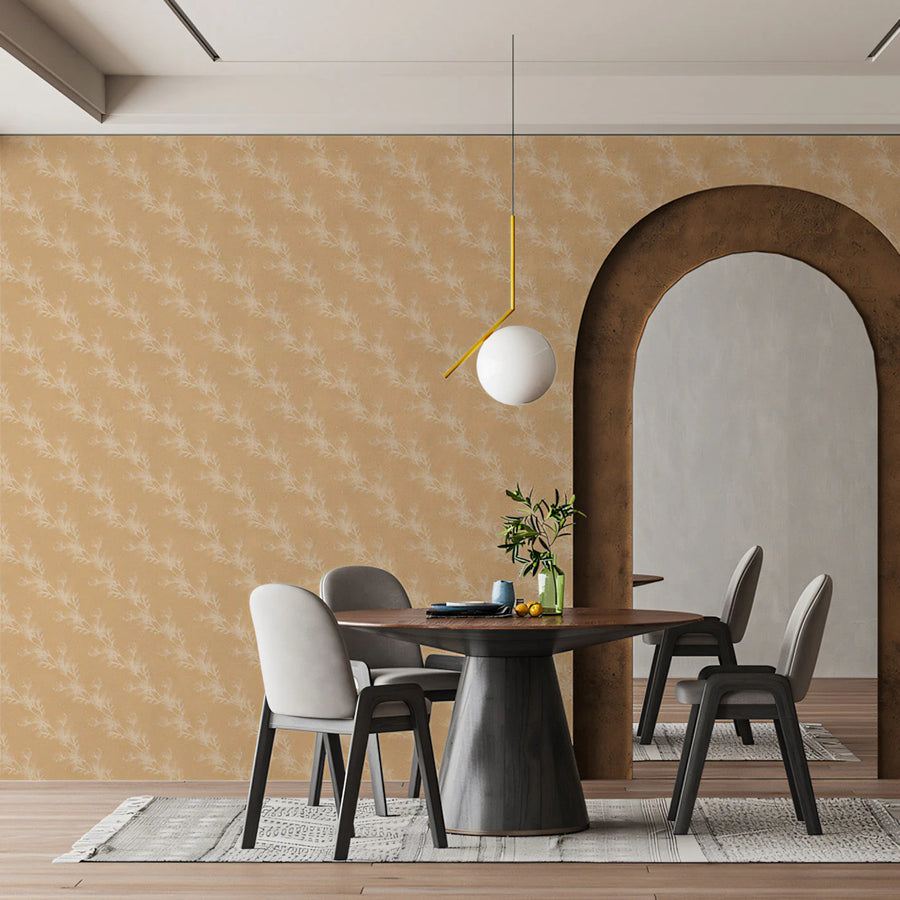 Minimalist Botanical Sprig Mural Wallpaper — Warm Ochre and Cream Mural Wallpaper