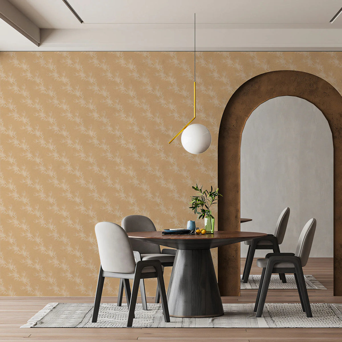 Minimalist Botanical Sprig Mural Wallpaper — Warm Ochre and Cream Mural Wallpaper - pure wallpaper artwork
