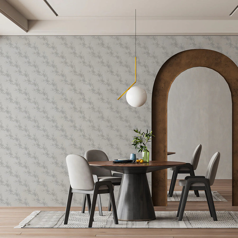 Minimalist Botanical Sprig Mural Wallpaper — Soft Gray Mural Wallpaper