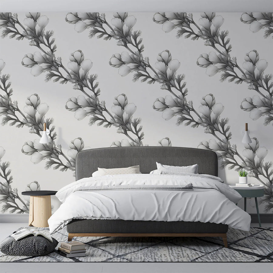 Monochrome Botanical Mural Wallpaper — Minimalist Floral Pattern Mural Wallpaper