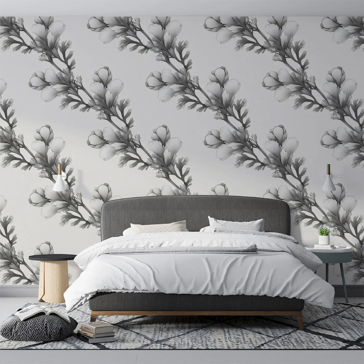 Monochrome Botanical Mural Wallpaper — Minimalist Floral Pattern Mural Wallpaper - pure wallpaper artwork