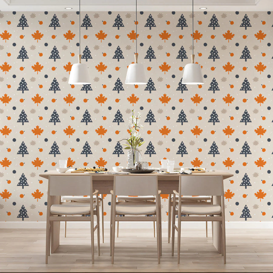 Autumn Leaf and Pine Geometric Mural Wallpaper