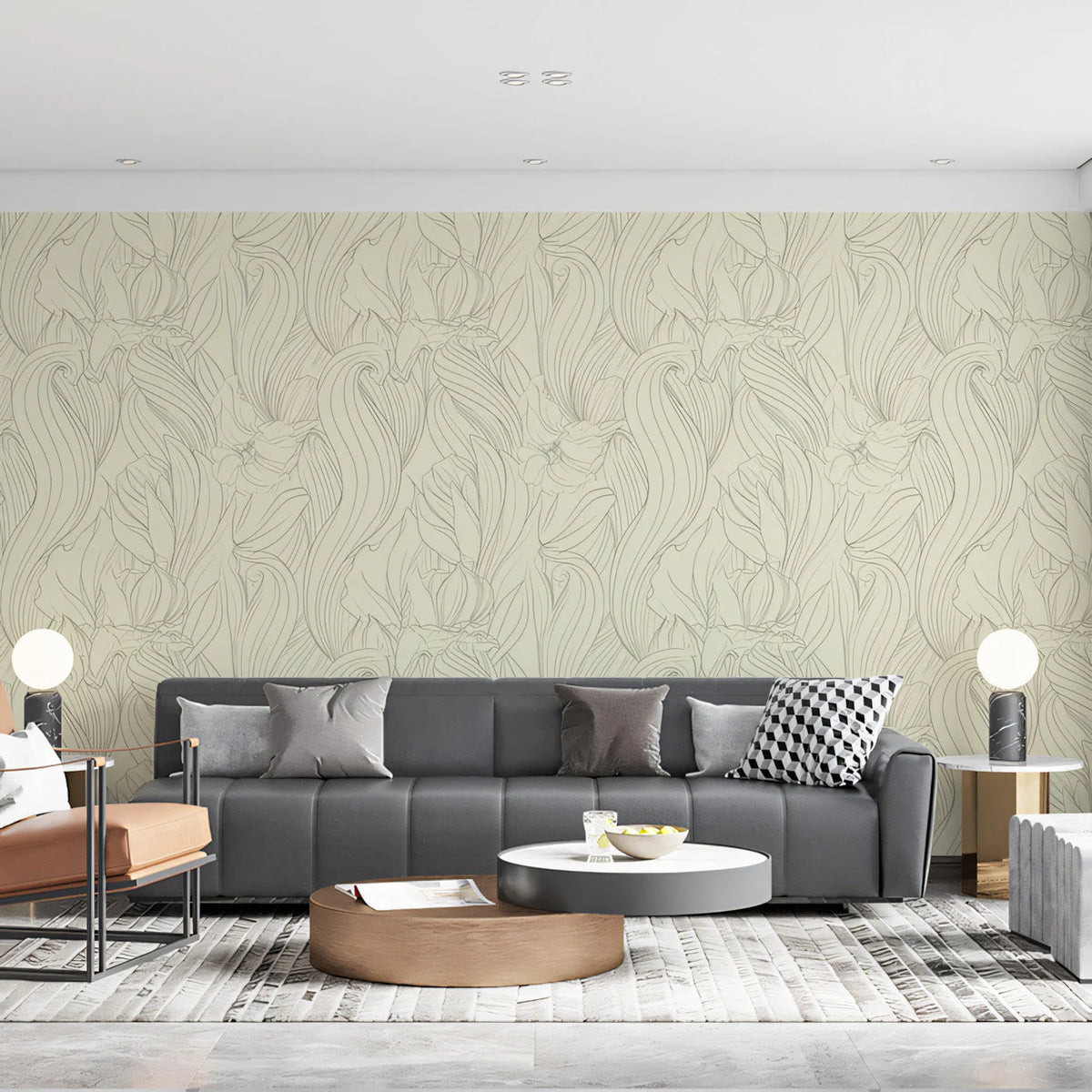 Minimalist Floral Line Art Mural Wallpaper — Cream and Sage Mural Wallpaper - pure wallpaper artwork