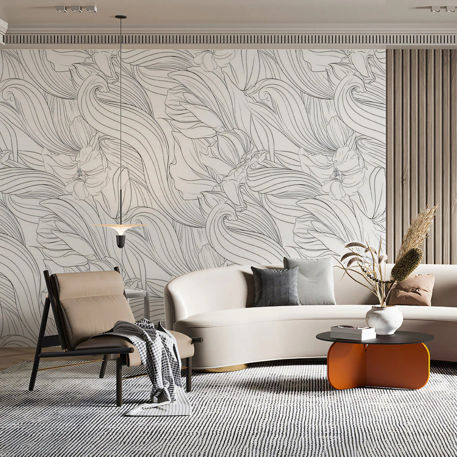 Fluid Botanical Line Art Mural Wallpaper — Minimalist Floral Mural Wallpaper